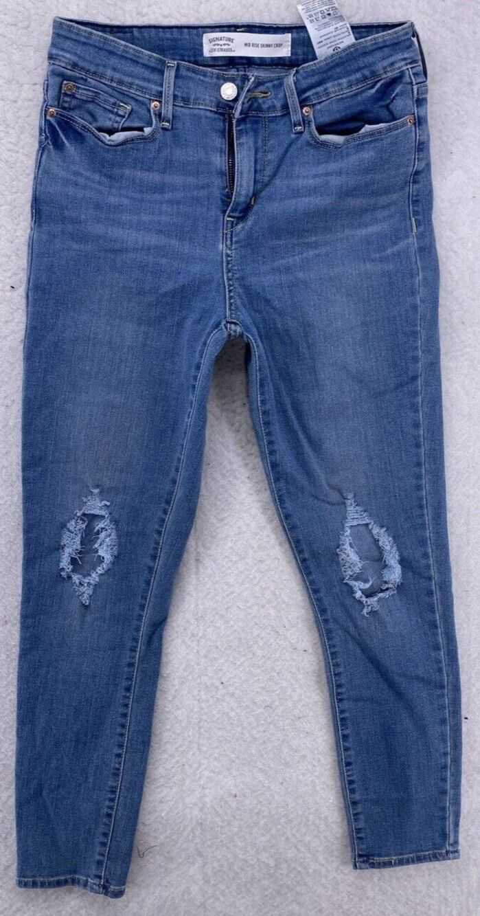 Signature Levi Strauss Mid Rise Skinny Crop Jeans Women Size 6 W28 Distressed